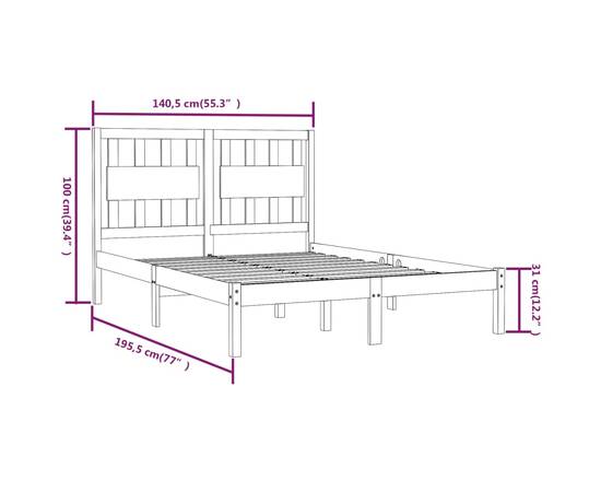 Cadru de pat dublu 4ft6, alb, 135x190 cm, lemn masiv pin, 6 image