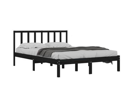 Cadru de pat dublu 4ft6, negru, 135x190 cm, lemn masiv de pin, 3 image