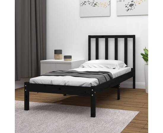 Cadru de pat single 3ft, negru, 90x190 cm, lemn masiv de pin