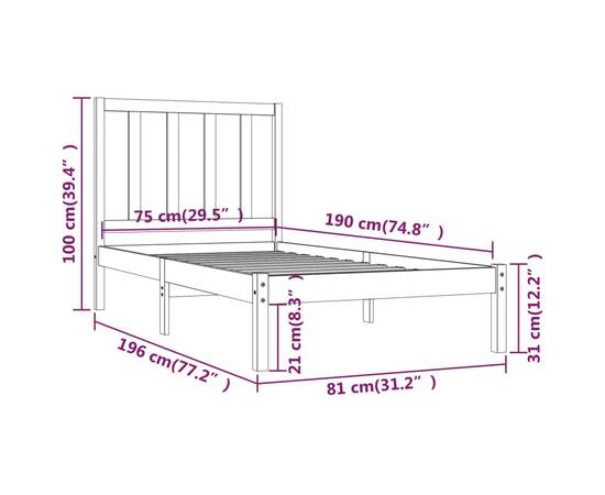 Cadru de pat small single, negru, 75x190 cm, lemn masiv de pin, 6 image