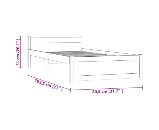 Cadru de pat small single 2ft6, gri, 75x190 cm, lemn masiv, 9 image