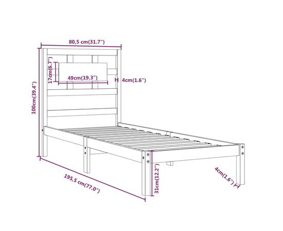 Cadru de pat small single 2ft6, negru, 75x190 cm, lemn masiv, 8 image