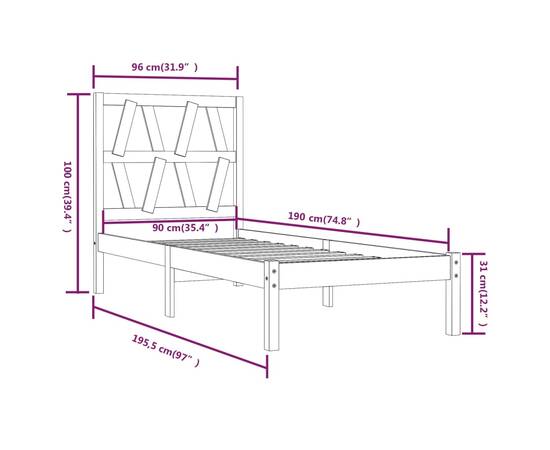 Cadru de pat single 3ft, alb, 90x190 cm, lemn masiv de pin, 6 image