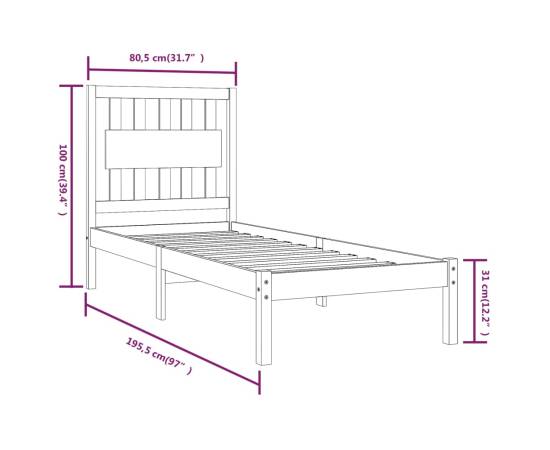 Cadru de pat small single, negru, 75x190 cm lemn masiv de pin, 6 image