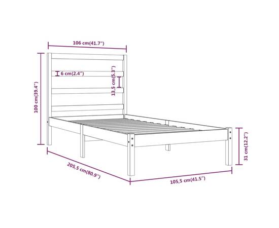 Cadru de pat, 100x200 cm, negru, lemn masiv de pin, 6 image