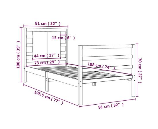 Cadru de pat 2ft6 small single, alb, 75x190 cm, lemn masiv pin, 5 image