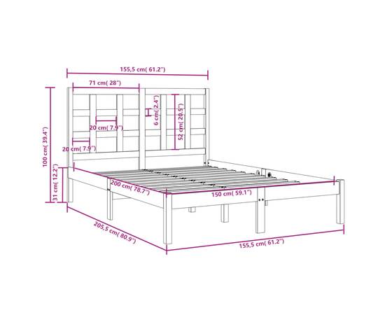 Cadru de pat 5ft king size, alb, 150x200 cm, lemn masiv, 6 image