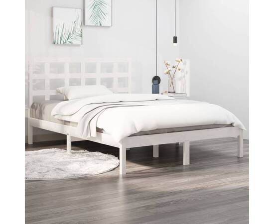 Cadru de pat 5ft king size, alb, 150x200 cm, lemn masiv