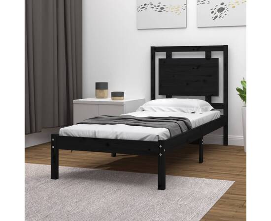 Cadru de pat single 3ft, negru, 90x190 cm, lemn masiv