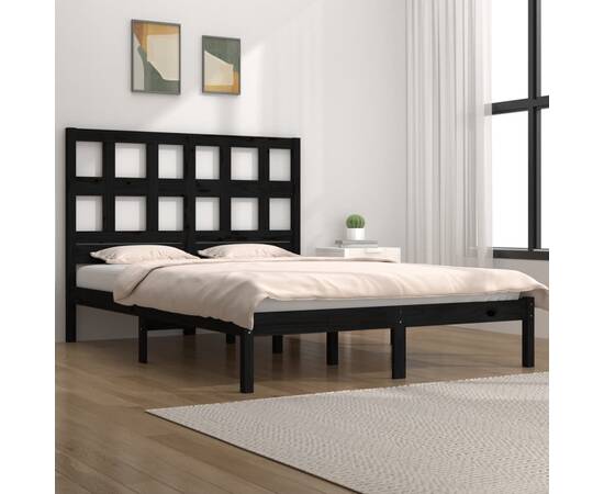 Cadru pat small double 4ft, negru, 120x190 cm, lemn masiv pin