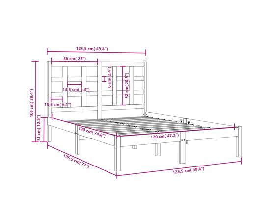 Cadru pat small double 4ft, negru, 120x190 cm, lemn masiv, 6 image