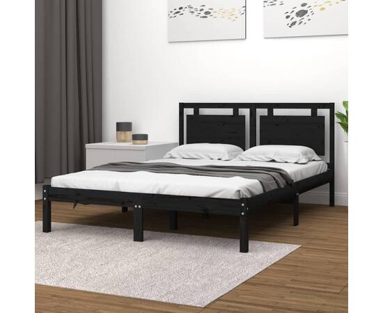 Cadru pat small double 4ft, negru, 120x190 cm, lemn masiv