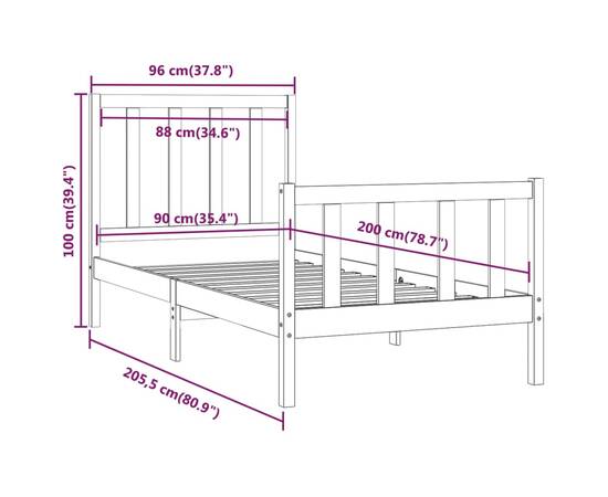 Cadru de pat, negru, 90x200 cm, lemn masiv, 8 image