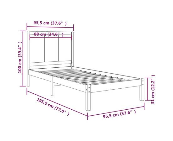 Cadru de pat single 3ft, 90x190 cm, lemn masiv de pin, 6 image