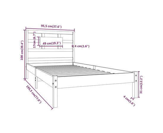 Cadru de pat single 3ft, 90x190 cm, lemn masiv, 8 image