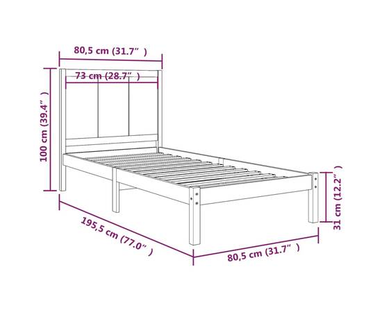 Cadru de pat small single, negru, 75x190 cm lemn masiv de pin, 6 image