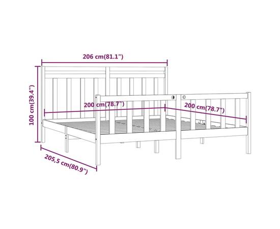 Cadru de pat, gri , 200x200 cm, lemn masiv de pin, 8 image