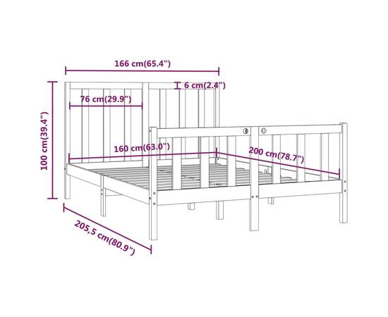 Cadru de pat, negru, 160x200 cm, lemn masiv, 8 image