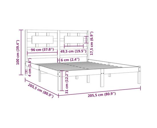 Cadru de pat, negru, 200x200 cm, lemn masiv de pin, 6 image
