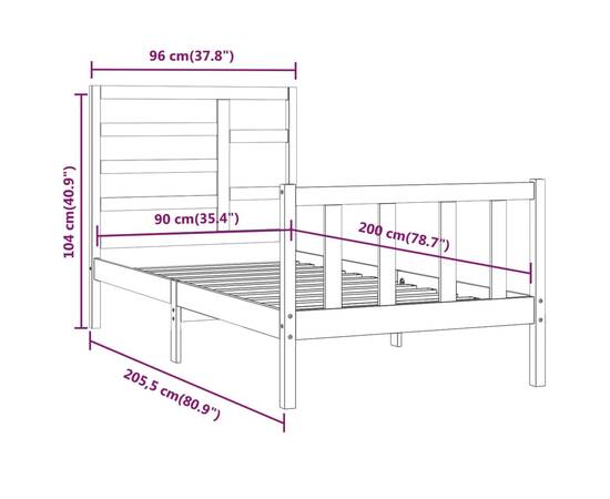 Cadru de pat, negru, 90x200 cm, lemn masiv de pin, 8 image