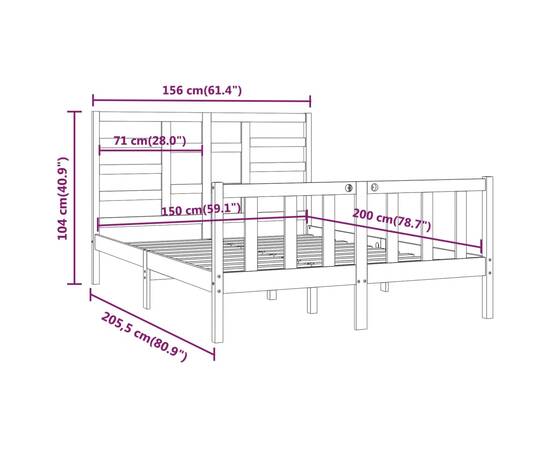 Cadru de pat 5ft king size, alb, 150x200 cm, lemn masiv, 8 image