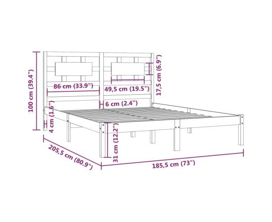 Cadru de pat super king 6ft, gri, 180x200 cm, lemn masiv de pin, 6 image