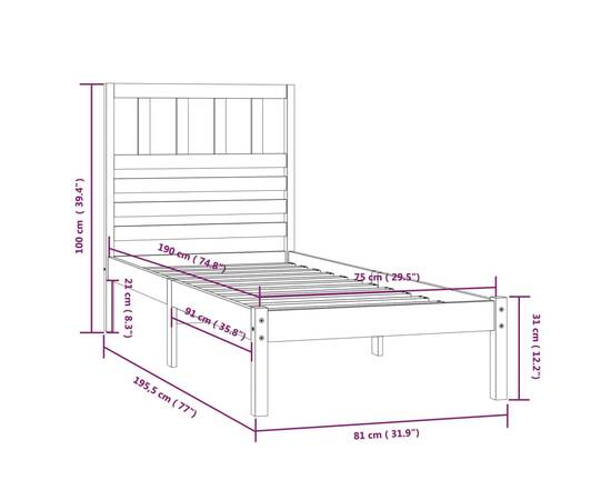 Cadru de pat small single 2ft6, 75x190 cm, lemn masiv de pin, 9 image