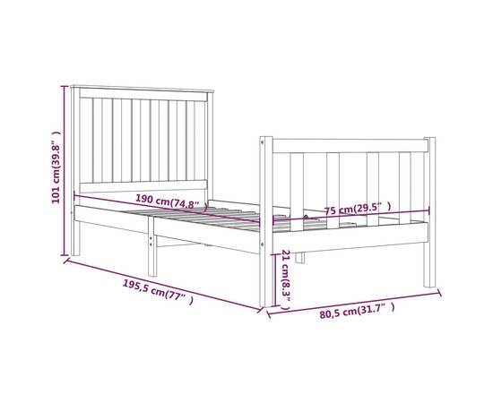 Cadru de pat 2ft6 small single, alb, 75x190 cm, lemn masiv pin, 6 image