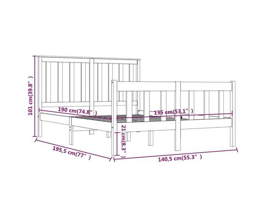 Cadru de pat dublu 4ft6, 135x190 cm, lemn masiv de pin, 6 image