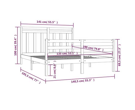 Cadru de pat dublu 4ft6, 135x190 cm, lemn masiv, 6 image