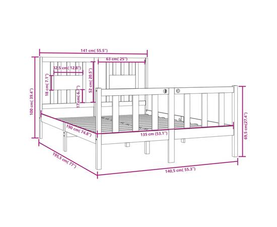 Cadru de pat dublu 4ft6, alb, 135x190 cm, lemn masiv, 6 image