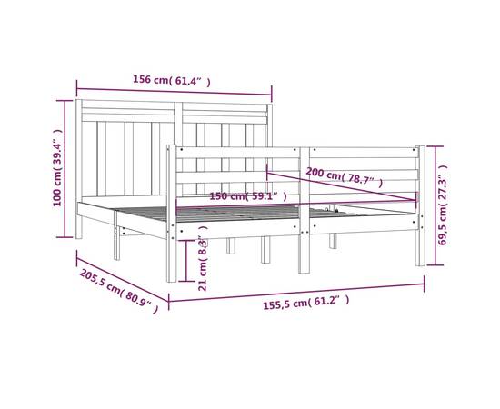 Cadru de pat king size 5ft, 150x200 cm, lemn masiv, 6 image