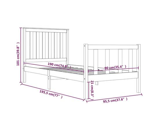 Cadru de pat single 3ft, 90x190 cm, lemn masiv de pin, 6 image