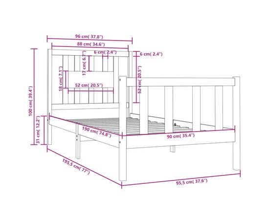 Cadru de pat single 3ft, alb, 90x190 cm, lemn masiv, 6 image