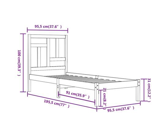 Cadru de pat single 3ft, negru, 90x190 cm, lemn masiv de pin, 6 image