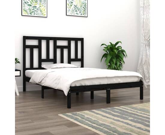 Cadru pat small double 4ft, negru, 120x190 cm, lemn masiv