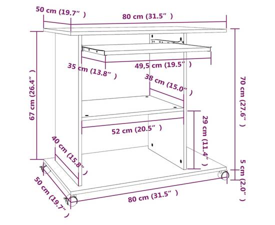 Birou pentru computer, gri sonoma, 80x50x75 cm, lemn prelucrat, 9 image