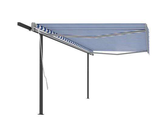 Copertină retractabilă automat, cu stâlpi, albastru/alb 5x3,5 m