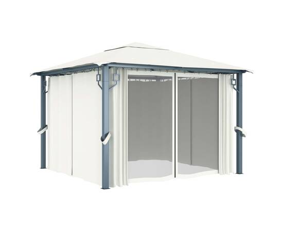 Pavilion cu perdele & șiruri lumini led, crem, 3x3 m, aluminiu, 4 image