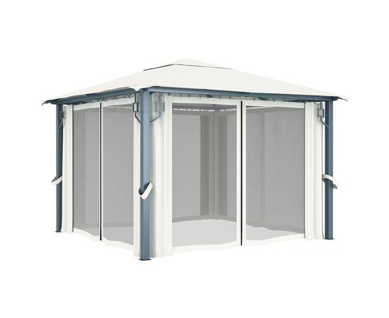 Pavilion cu perdele & șiruri lumini led, crem, 3x3 m, aluminiu, 3 image