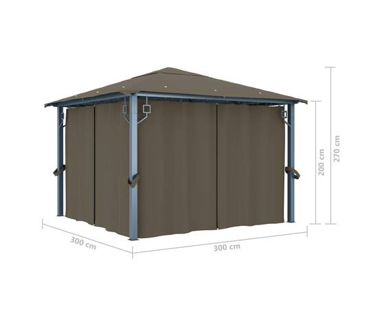 Pavilion cu perdele&șiruri lumini led gri taupe 3x3 m aluminiu, 11 image
