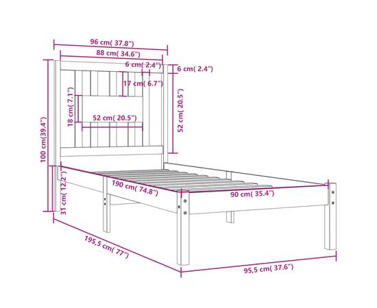 Cadru de pat single 3ft, 90x190 cm, lemn masiv, 6 image