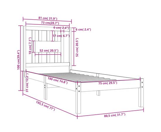 Cadru de pat small single 2ft6, negru, 75x190 cm, lemn masiv, 6 image