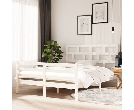 Cadru pat 5ft king size, alb, 150x200 cm, lemn masiv