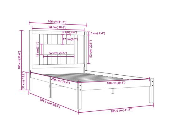 Cadru de pat, 100x200 cm, lemn masiv de pin, 6 image