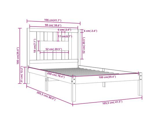 Cadru de pat, 100x200 cm, negru, lemn masiv de pin, 6 image