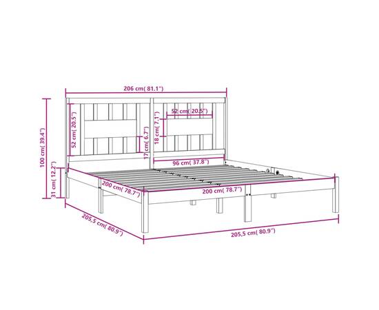 Cadru de pat, gri, 200x200 cm, lemn masiv de pin, 6 image
