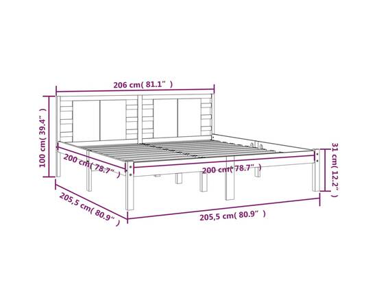 Cadru de pat, gri, 200x200 cm, lemn masiv de pin, 6 image
