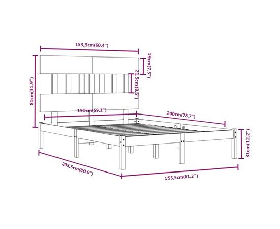 Cadru de pat king size 5ft, 150x200 cm, lemn masiv, 6 image