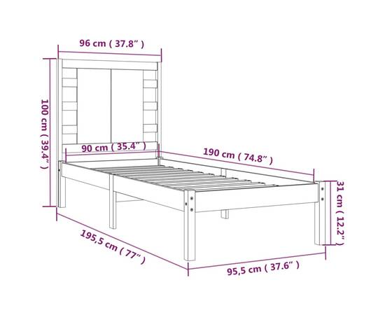 Cadru de pat single 3ft, alb, 90x190 cm, lemn masiv, 6 image